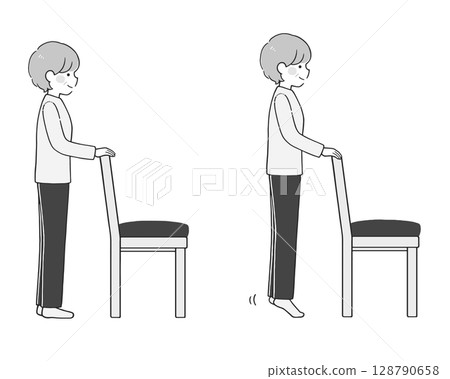 Monochrome illustration of a senior woman using a chair to exercise by lowering and raising her heels 128790658