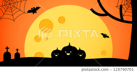 Orange background with full moon and Halloween silhouette Orange background with full moon and Halloween silhouette 128790701