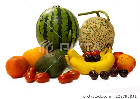 Many fresh ripe fruits isolated on white, top view 128790831