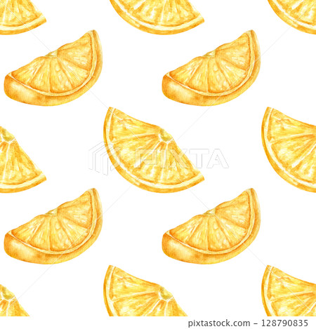 Pieces of ripe lemon painted in watercolor as a seamless pattern. A refreshing summer pattern with lemon fruits. A culinary print for packaging, kitchen textiles, and clothing. Pieces of ripe lemon painted in watercolor as a seamless pattern. A refreshing summer pattern with lemon fruits. A culinary print for packaging, kitchen textiles, and clothing. 128790835