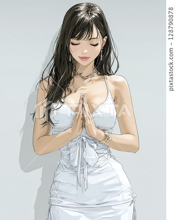 一位女商人雙手合十祈禱的插畫素材 128790878