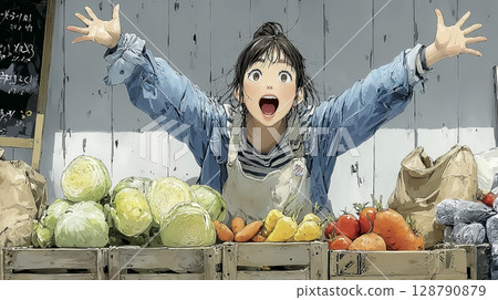 Illustration of a woman selling at a greengrocer's with her arms outstretched 128790879