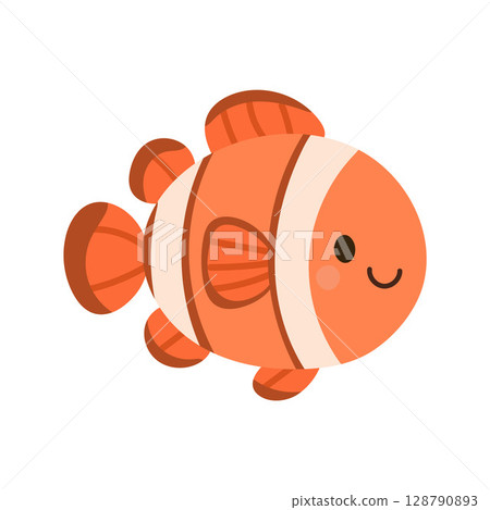 Orange clownfish with bold stripes and rounded fins swims in a colorful coral reef. Great for sea animal illustrations and aquarium-themed artwork 128790893