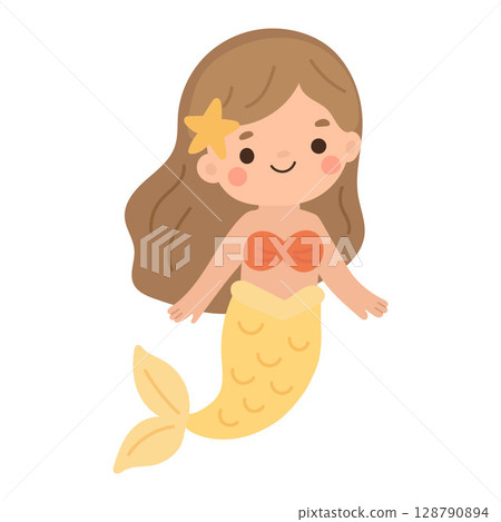 Lovely mermaid girl with long brown hair, yellow tail, and starfish hairclip. A charming aquatic character for magical, tropical, and fantasy scenes 128790894