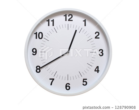 Simple white analog wall clock showing exactly 00:40 or 12:40. suitable for concepts like deadline, start or end of time. Isolated on a clean white background. 128790908