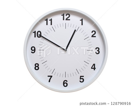 Simple white analog wall clock showing exactly 00:50 or 12:50. suitable for concepts like deadline, start or end of time. Isolated on a clean white background. Simple white analog wall clock showing exactly 00:50 or 12:50. suitable for concepts like deadline, start or end of time. Isolated on a clean white background. 128790916