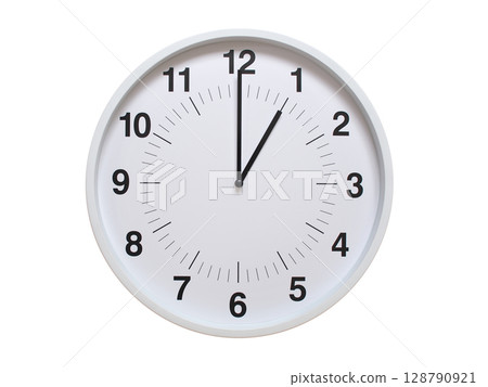 Simple white analog wall clock showing exactly 01:00 or 13:00. suitable for concepts like deadline, start or end of time. Isolated on a clean white background. 128790921