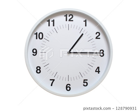 Simple white analog wall clock showing exactly 01:15 or 13:15. suitable for concepts like deadline, start or end of time. Isolated on a clean white background. 128790931
