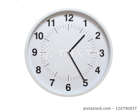 Simple white analog wall clock showing exactly 01:25 or 13:25. suitable for concepts like deadline, start or end of time. Isolated on a clean white background. Simple white analog wall clock showing exactly 01:25 or 13:25. suitable for concepts like deadline, start or end of time. Isolated on a clean white background. 128790937