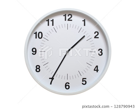 Simple white analog wall clock showing exactly 01:35 or 13:35. suitable for concepts like deadline, start or end of time. Isolated on a clean white background. 128790943