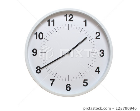 Simple white analog wall clock showing exactly 01:40 or 13:40. suitable for concepts like deadline, start or end of time. Isolated on a clean white background. 128790946