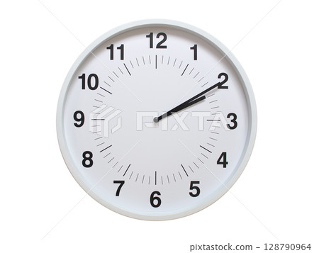 Simple white analog wall clock showing exactly 02:10 or 14:10. suitable for concepts like deadline, start or end of time. Isolated on a clean white background. 128790964