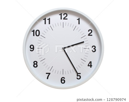 Simple white analog wall clock showing exactly 02:25 or 14:25. suitable for concepts like deadline, start or end of time. Isolated on a clean white background. 128790974