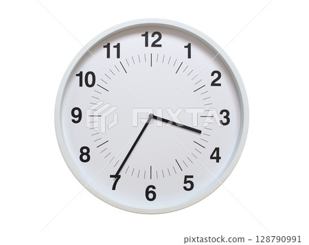 Simple white analog wall clock showing exactly 03:35 or 15:35. suitable for concepts like deadline, start or end of time. Isolated on a clean white background. 128790991