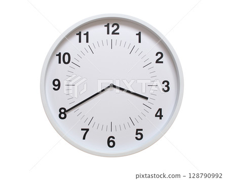 Simple white analog wall clock showing exactly 03:40 or 15:40. suitable for concepts like deadline, start or end of time. Isolated on a clean white background. 128790992