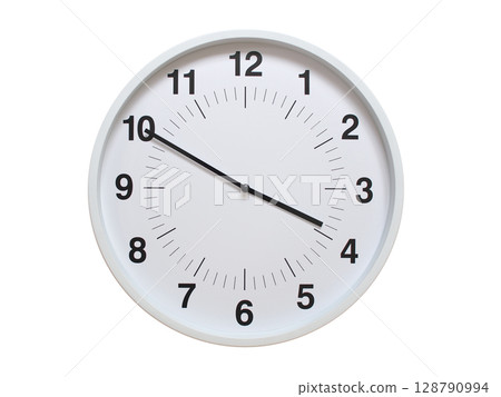 Simple white analog wall clock showing exactly 03:50 or 15:50. suitable for concepts like deadline, start or end of time. Isolated on a clean white background. 128790994