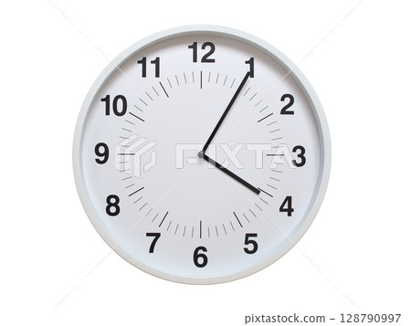 Simple white analog wall clock showing exactly 04:05 or 16:05. suitable for concepts like deadline, start or end of time. Isolated on a clean white background. Simple white analog wall clock showing exactly 04:05 or 16:05. suitable for concepts like deadline, start or end of time. Isolated on a clean white background. 128790997