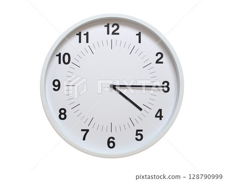 Simple white analog wall clock showing exactly 04:15 or 16:15. suitable for concepts like deadline, start or end of time. Isolated on a clean white background. 128790999