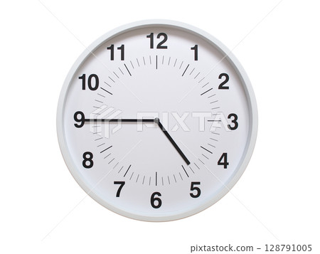 Simple white analog wall clock showing exactly 04:45 or 16:45. suitable for concepts like deadline, start or end of time. Isolated on a clean white background. 128791005