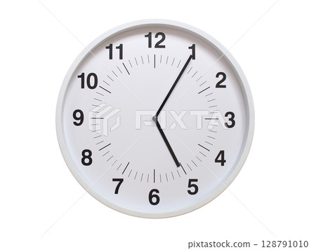 Simple white analog wall clock showing exactly 05:05 or 17:05. suitable for concepts like deadline, start or end of time. Isolated on a clean white background. Simple white analog wall clock showing exactly 05:05 or 17:05. suitable for concepts like deadline, start or end of time. Isolated on a clean white background. 128791010