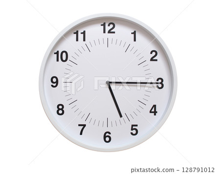 Simple white analog wall clock showing exactly 05:15 or 17:15. suitable for concepts like deadline, start or end of time. Isolated on a clean white background. 128791012