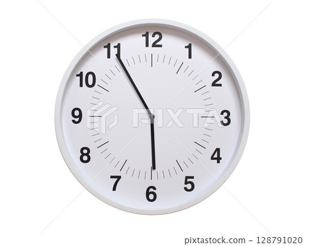 Simple white analog wall clock showing exactly 05:55 or 17:55. suitable for concepts like deadline, start or end of time. Isolated on a clean white background. Simple white analog wall clock showing exactly 05:55 or 17:55. suitable for concepts like deadline, start or end of time. Isolated on a clean white background. 128791020