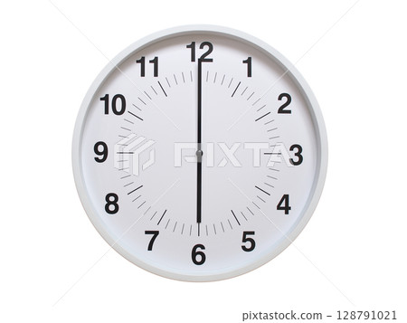 Simple white analog wall clock showing exactly 06:00 or 18:00. suitable for concepts like deadline, start or end of time. Isolated on a clean white background. 128791021