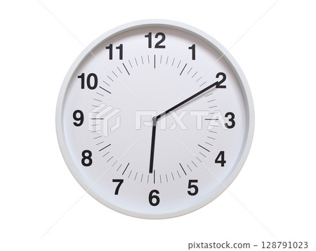 Simple white analog wall clock showing exactly 06:10 or 18:10. suitable for concepts like deadline, start or end of time. Isolated on a clean white background. 128791023