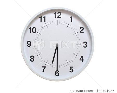 Simple white analog wall clock showing exactly 06:30 or 18:30. suitable for concepts like deadline, start or end of time. Isolated on a clean white background. Simple white analog wall clock showing exactly 06:30 or 18:30. suitable for concepts like deadline, start or end of time. Isolated on a clean white background. 128791027