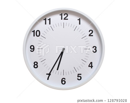 Simple white analog wall clock showing exactly 06:35 or 18:35. suitable for concepts like deadline, start or end of time. Isolated on a clean white background. Simple white analog wall clock showing exactly 06:35 or 18:35. suitable for concepts like deadline, start or end of time. Isolated on a clean white background. 128791028