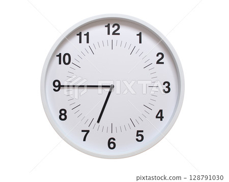 Simple white analog wall clock showing exactly 06:45 or 18:45. suitable for concepts like deadline, start or end of time. Isolated on a clean white background. 128791030