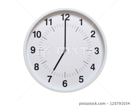 Simple white analog wall clock showing exactly 07:00 or 19:00. suitable for concepts like deadline, start or end of time. Isolated on a clean white background. 128791034