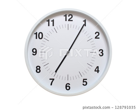 Simple white analog wall clock showing exactly 07:05 or 19:05. suitable for concepts like deadline, start or end of time. Isolated on a clean white background. 128791035