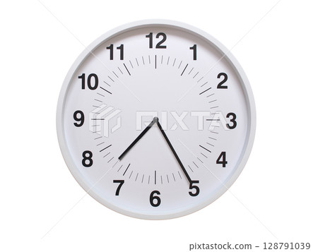 Simple white analog wall clock showing exactly 07:25 or 19:25. suitable for concepts like deadline, start or end of time. Isolated on a clean white background. 128791039