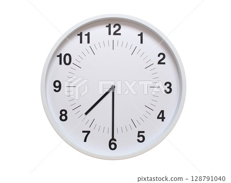 Simple white analog wall clock showing exactly 07:30 or 19:30. suitable for concepts like deadline, start or end of time. Isolated on a clean white background. 128791040