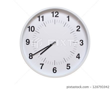 Simple white analog wall clock showing exactly 07:40 or 19:40. suitable for concepts like deadline, start or end of time. Isolated on a clean white background. 128791042