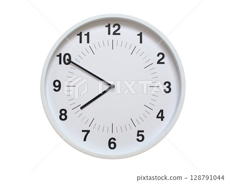 Simple white analog wall clock showing exactly 07:50 or 19:50. suitable for concepts like deadline, start or end of time. Isolated on a clean white background. Simple white analog wall clock showing exactly 07:50 or 19:50. suitable for concepts like deadline, start or end of time. Isolated on a clean white background. 128791044