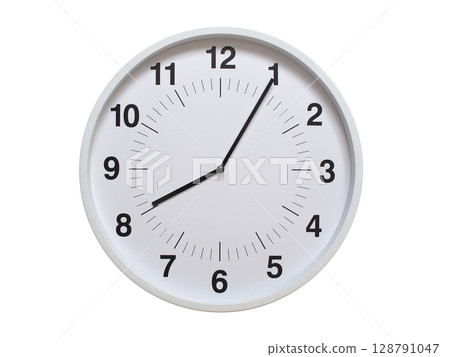 Simple white analog wall clock showing exactly 08:05 or 20:05. suitable for concepts like deadline, start or end of time. Isolated on a clean white background. Simple white analog wall clock showing exactly 08:05 or 20:05. suitable for concepts like deadline, start or end of time. Isolated on a clean white background. 128791047