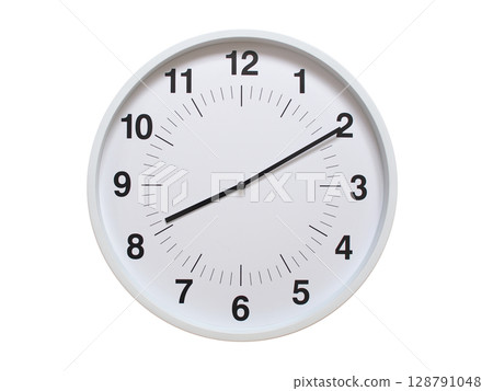 Simple white analog wall clock showing exactly 08:10 or 20:10. suitable for concepts like deadline, start or end of time. Isolated on a clean white background. Simple white analog wall clock showing exactly 08:10 or 20:10. suitable for concepts like deadline, start or end of time. Isolated on a clean white background. 128791048