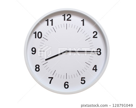 Simple white analog wall clock showing exactly 08:15 or 20:15. suitable for concepts like deadline, start or end of time. Isolated on a clean white background. Simple white analog wall clock showing exactly 08:15 or 20:15. suitable for concepts like deadline, start or end of time. Isolated on a clean white background. 128791049