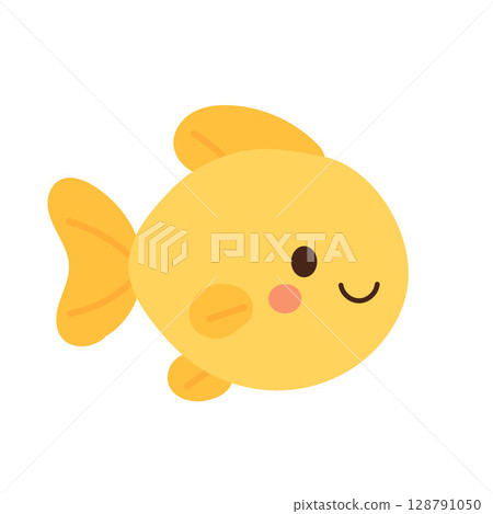 Golden round fish with smooth surface, happy face, and shiny fins. Bright aquatic pet illustration for playful underwater or sunshine designs 128791050