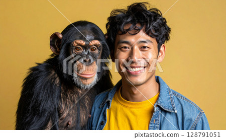 黑猩猩和日本男子看著鏡頭（人工智慧生成的圖像） 128791051