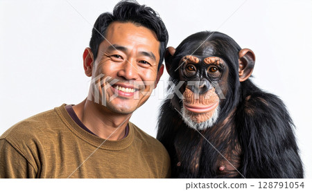Chimpanzee and Japanese man looking at the camera (AI-generated image) 128791054
