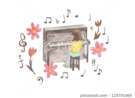 鋼琴的水彩畫 128791069