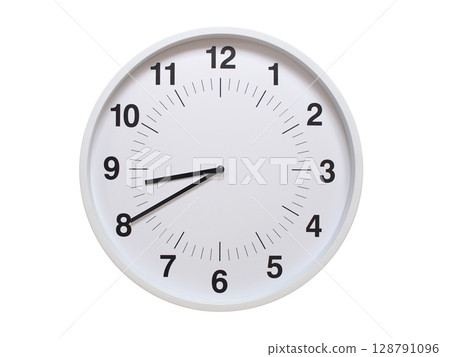 Simple white analog wall clock showing exactly 08:40 or 20:40. suitable for concepts like deadline, start or end of time. Isolated on a clean white background. Simple white analog wall clock showing exactly 08:40 or 20:40. suitable for concepts like deadline, start or end of time. Isolated on a clean white background. 128791096