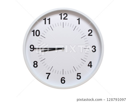Simple white analog wall clock showing exactly 08:45 or 20:45. suitable for concepts like deadline, start or end of time. Isolated on a clean white background. Simple white analog wall clock showing exactly 08:45 or 20:45. suitable for concepts like deadline, start or end of time. Isolated on a clean white background. 128791097