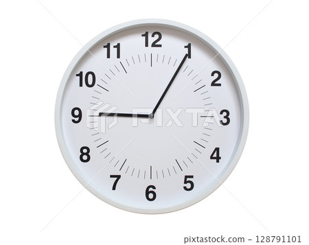 Simple white analog wall clock showing exactly 09:05 or 21:05. suitable for concepts like deadline, start or end of time. Isolated on a clean white background. Simple white analog wall clock showing exactly 09:05 or 21:05. suitable for concepts like deadline, start or end of time. Isolated on a clean white background. 128791101