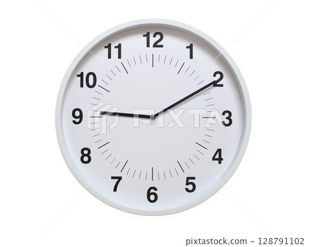 Simple white analog wall clock showing exactly 09:10 or 21:10. suitable for concepts like deadline, start or end of time. Isolated on a clean white background. Simple white analog wall clock showing exactly 09:10 or 21:10. suitable for concepts like deadline, start or end of time. Isolated on a clean white background. 128791102