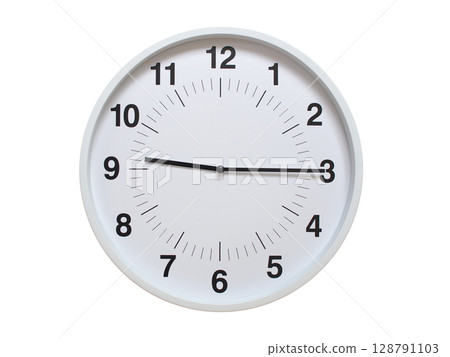 Simple white analog wall clock showing exactly 09:15 or 21:15. suitable for concepts like deadline, start or end of time. Isolated on a clean white background. Simple white analog wall clock showing exactly 09:15 or 21:15. suitable for concepts like deadline, start or end of time. Isolated on a clean white background. 128791103