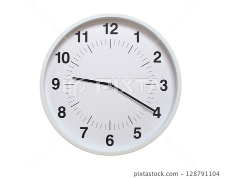 Simple white analog wall clock showing exactly 09:20 or 21:20. suitable for concepts like deadline, start or end of time. Isolated on a clean white background. 128791104